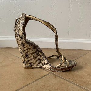 B Brian Atwood Snakeskin Print Wedges. Leather. Sandals. Heels.